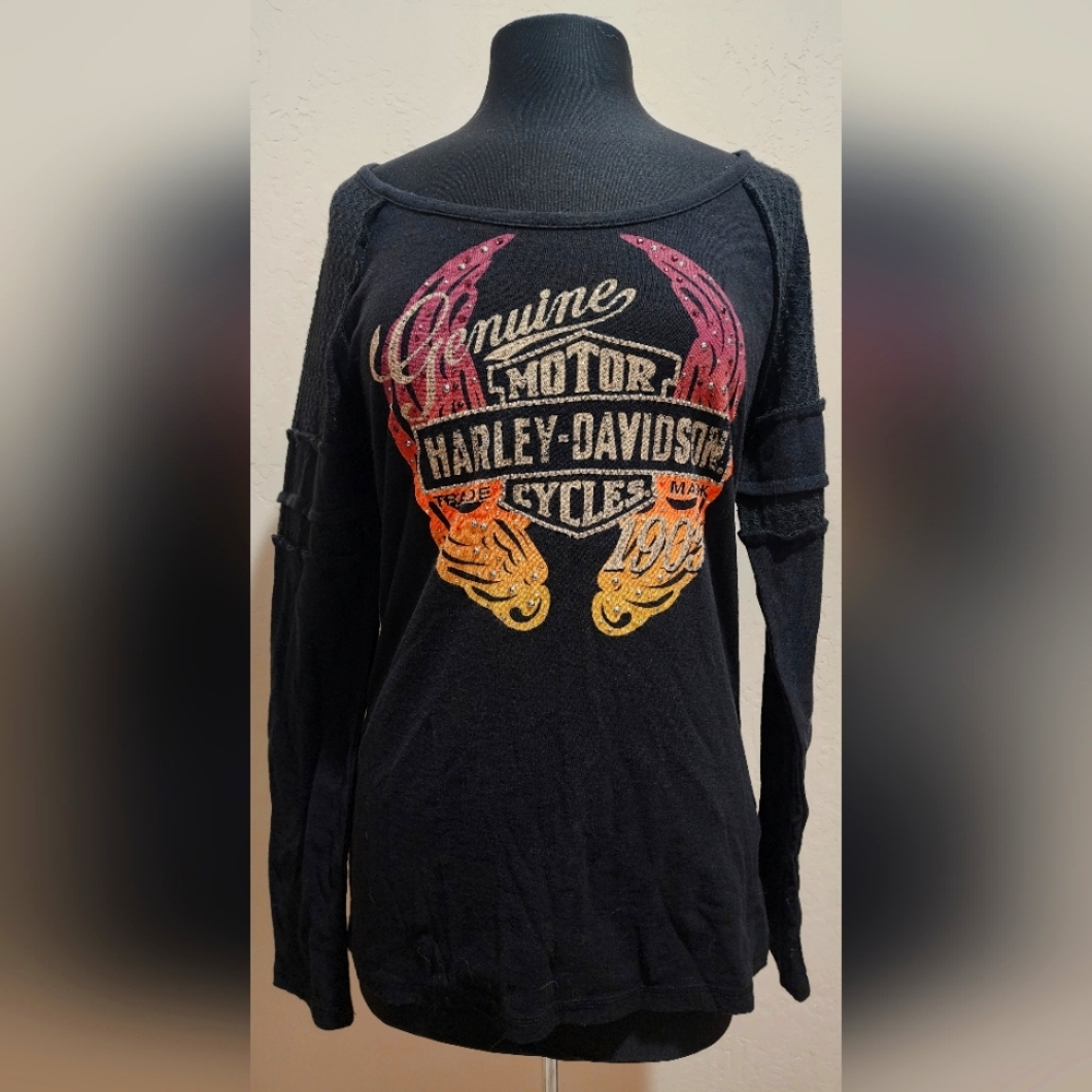Harley-Davidson Black Crystal Graphic Long Sleeve Women XL  NWT